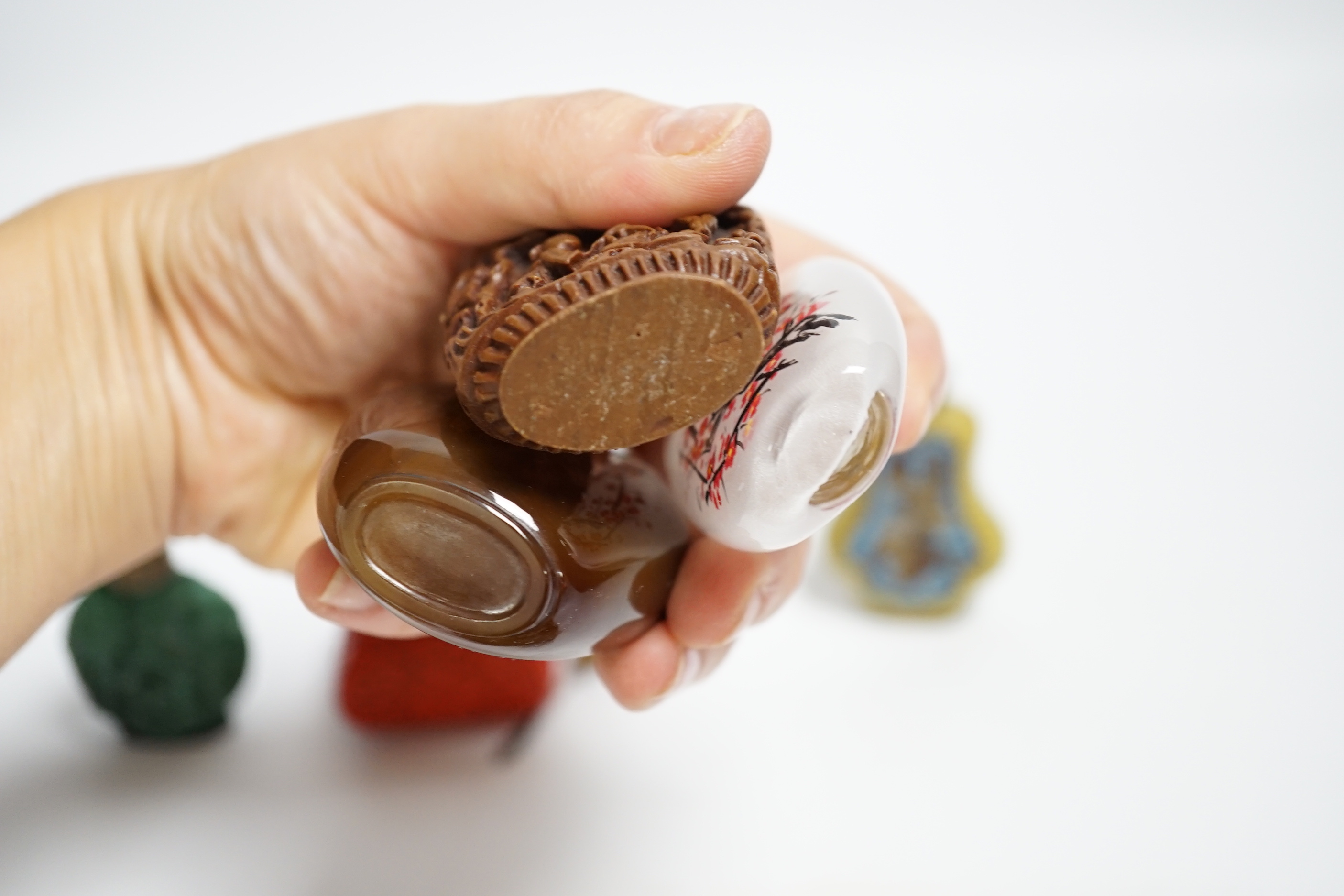 Seven various snuff bottles to include agate, glass, cloisonné and resin together with a lacquer snuff box (8)